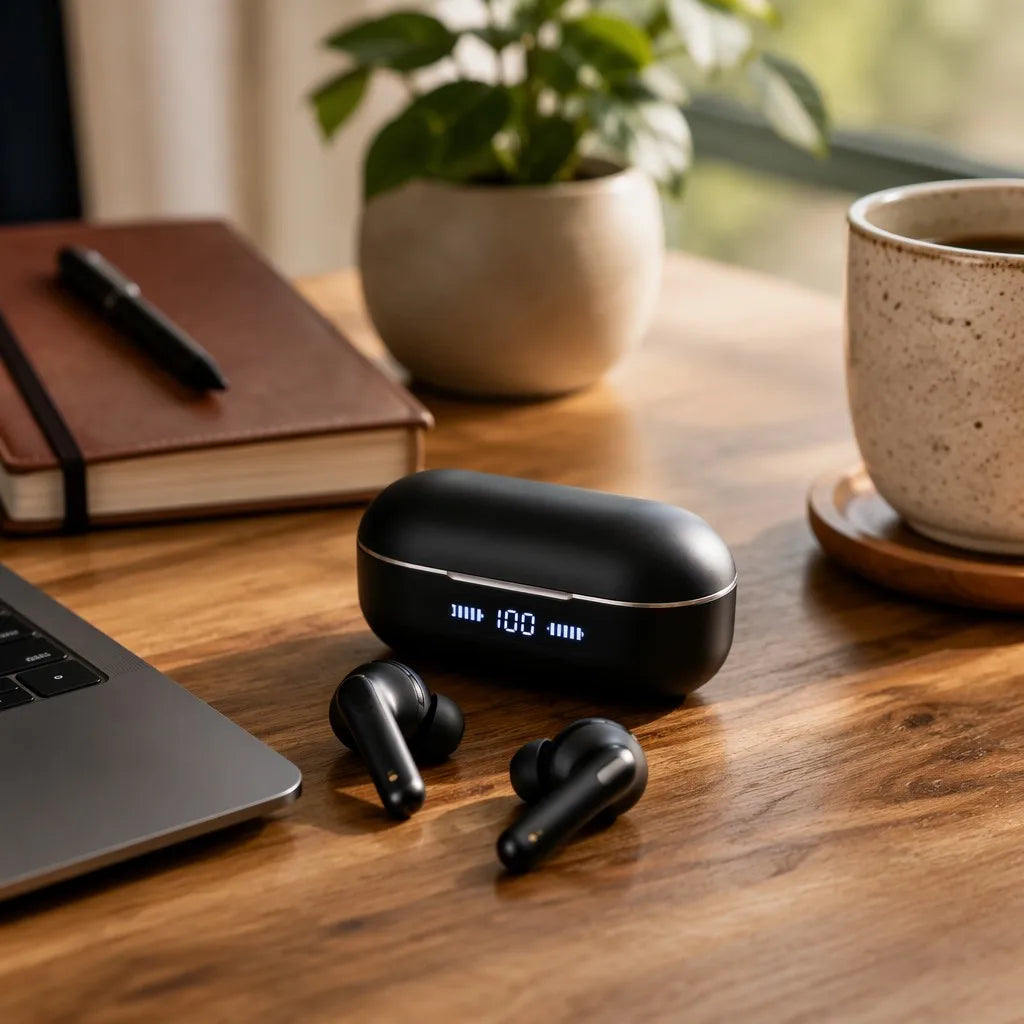 TWS ENC Earbuds on wooden desk lifestyle shot