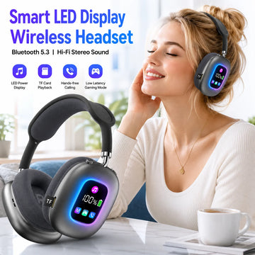 AKZ MAX600 Wireless 5.3 Headphones RGB Digital Display Over-Ear Headset with Microphone Support TF Card Reader for Mobile Phone