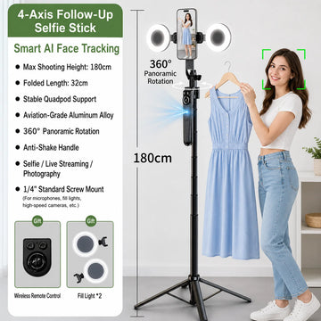 Smart AI Auto Tracking Phone Gimbal 360 Rotation Portable Aluminum Selfie Stick Tripod with Remote for Live Stream Travel