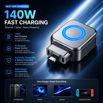 2026 New 140W USB C Smart Auto-Eject Charging Adapter Physical Disconnect Fast Charger for Phone Laptop Tablet