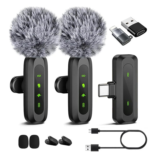 J3 Dual Wireless Lavalier Microphone 1-to-2 Plug and Play Noise Cancelling Lapel Mic for iPhone for Android YouTube Live Stream