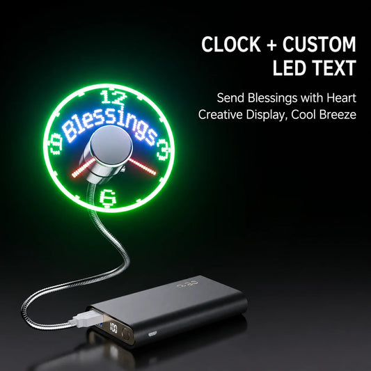 Smart Plastic USB Fan Model SA01 with LED-Backlit Time & Temperature Display Plated Hose Design-Stylish Practical Creative Gift