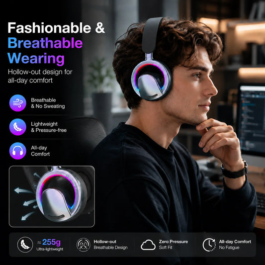 255g Ultra-lightweight Hollow-out ANC Wireless Headphones Breathable  Gaming Headset Deep Bass Over-Ear Earphones