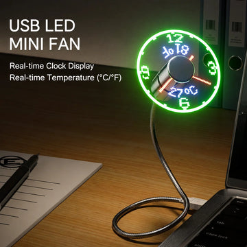 Smart Plastic USB Fan Model SA01 with LED-Backlit Time & Temperature Display Plated Hose Design-Stylish Practical Creative Gift