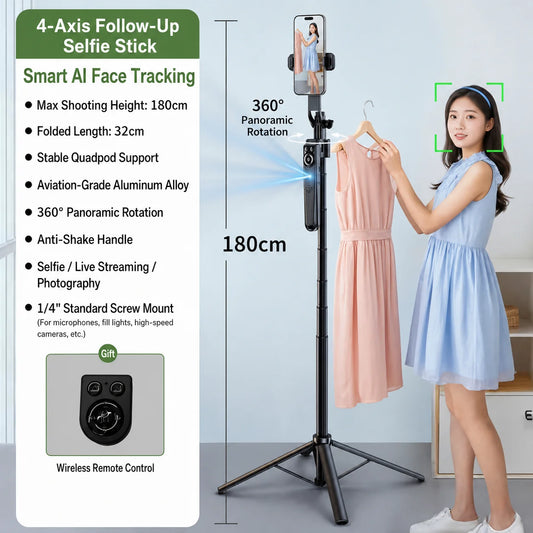 Smart AI Auto Tracking Phone Gimbal 360 Rotation Portable Aluminum Selfie Stick Tripod with Remote for Live Stream Travel