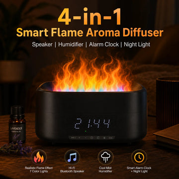Smart Simulation Flame Aroma Diffuser  Speaker Ultrasonic Humidifier Digital Alarm Clock Essential Oil Fire Mist Maker