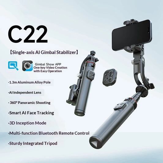 C22 Smart AI Lightweight Anti-Shake Handheld Gimbal Single-Axis Phone Stabilizer Face Tracking Follow Shot Feature for Selfies