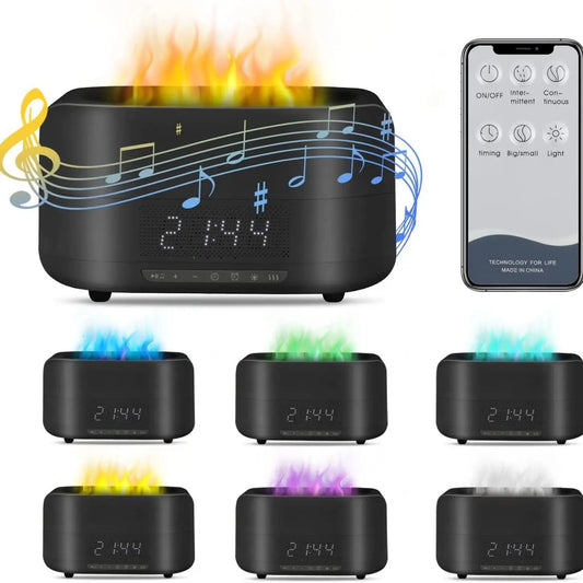 Smart Simulation Flame Humidifier  Speaker Clock Ultrasonic Aroma Diffuser Mood Night Light for Christmas Gift Bulk